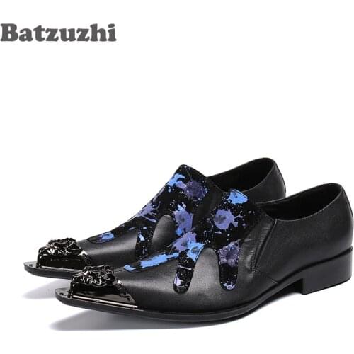 Batzuzhi Western Fashion Men Shoes Metal Cap Toe Black Genuine Leather Dress Shoes for Men Slip on Formal Business chaussure hom