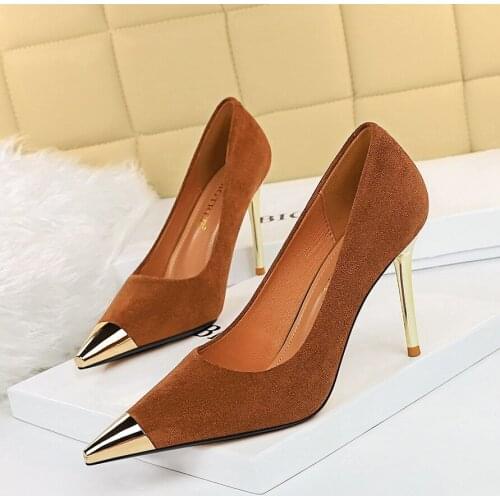 Women Metal Toe Pumps 9.5cm Brown Suede High Heels 7cm 43 Stiletto Heeled Ladies Gold Matellic Shiny Heels Elegent OL Shoes