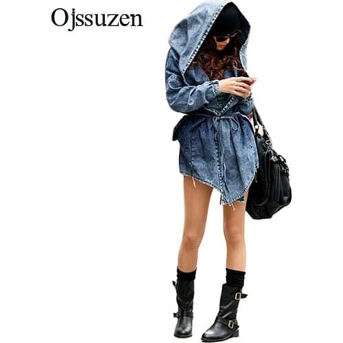 Spring Denim Jacket Women 2019 Fashion Female Jeans Jackets Long Sleeve Slim Coat Belt Hooded Coat Roupas Femininos