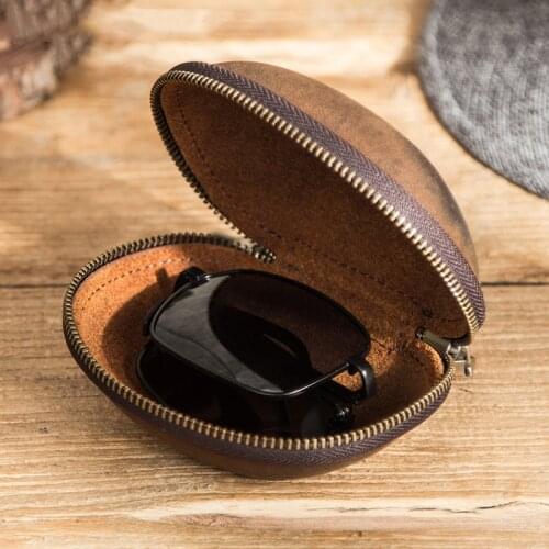 Vintage Cow Leather Protable Folding Sunglasses Protector Travel Pack Pouch Glasses Case Zipper Box Hard Eyewear