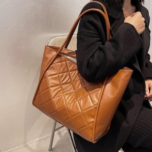 Women wnter soft diamon lattice black brown white tote handbag for female big large capacity pu leather design shoulder bag