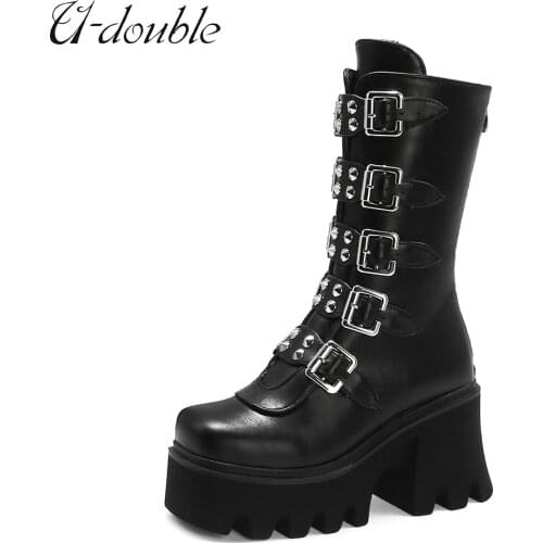 U-DOUBLE 2021 New Punk Women Boots Big Size 43 Gothic Style Platform Black Buckle Strap Zipper Ankle Boots Fashion Wedges Shoes