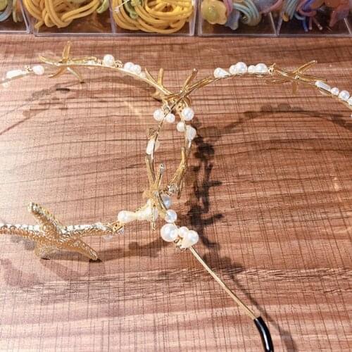 Minimalist Marine Style Women Hair Hoop Metallic Gold Starfish Vintage Thin Headband Imitation Pearl Beading Jewelry Headpiece