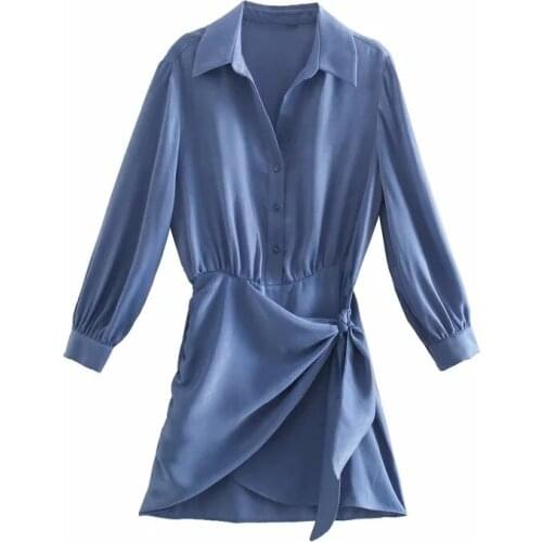 Women Mini Shirt Dress Fashion Bow Tied Long Sleeve Slim Shirt Dresses Elegant Elastic Waist Breasted Blue Satin Shirts Dress