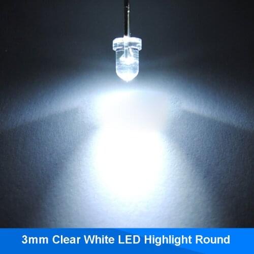 100pcs 3mm White LED Clear Lens Round Top 3 mm Transparent Ultra Bright LED Light Emitting Diode Lamp 3V