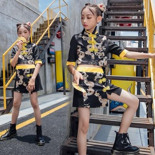 ChildrenS Performance Costumes Chinese Style Girls Catwalk Cheongsam Suit Hip Hop Modern Dance Clothes Stage Outfits DN8985