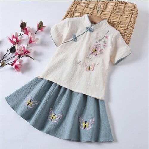 Childrens suit short-sleeved girls embroidered Hanfu improved cheongsam cute class service graduation party skirt