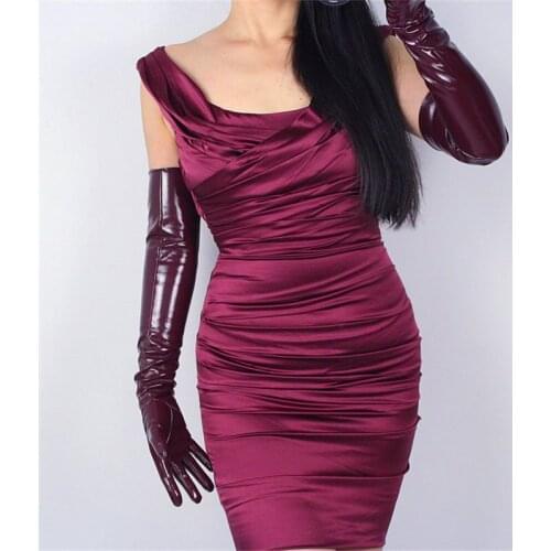 60cm Patent Leather Long Gloves Extra Long Section PU Emulation Leather Bright Leather Mirror Wine Red Dark Red Female PU44-60