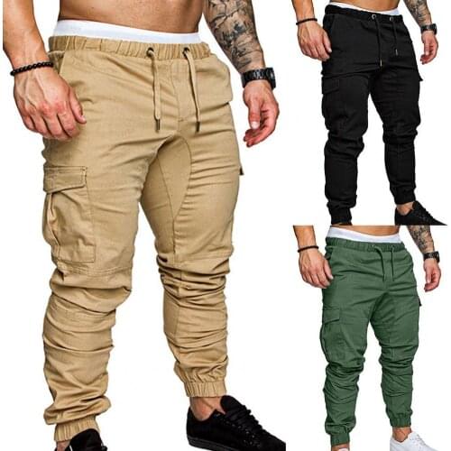 New Men Joggers Pants Solid Color Cargo Military Pants Breathable Tied Rope Solid Color Drawstring Casual Long Pants for Outdoor