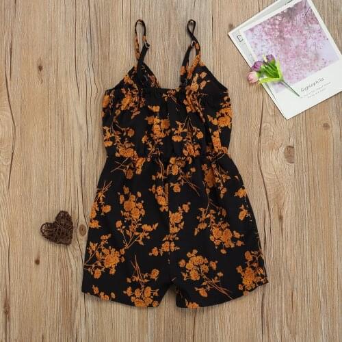 Emmababy Toddler Summer Rompers For Kids Sleeveless Romper Girls Casual Plant Print V-neck Spaghetti Strap Playsuit 3-7T