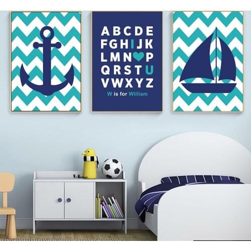 Chevron Anchor Sail Boat Canvas Painting Named Nursery Alphabet Art Nautical Poster Wall Picture for Kids Rooms Decor Unframed