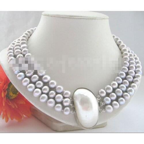Beautiful 17" 3row 10mm gray round freshwater pearl necklace - shell clasp
