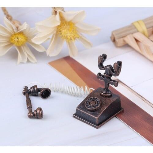 Hot Selling 1:12 Miniature Phone Model Alloy Vintage Retro Rotary Telephone Dollhouse Decoration Accessories