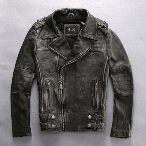 New arrival vintage slim fit biker men fashion motorcycle jacket Oblique zipper leather coat male cool style
