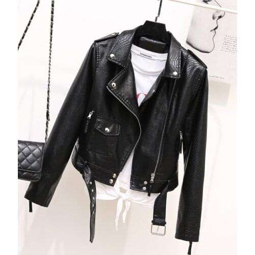 New Women Leather Coat Spring Autumn Long Sleeved With Belt Faux Leather Jacket Female Punk Outwear Ladies Biker Moto Outwear