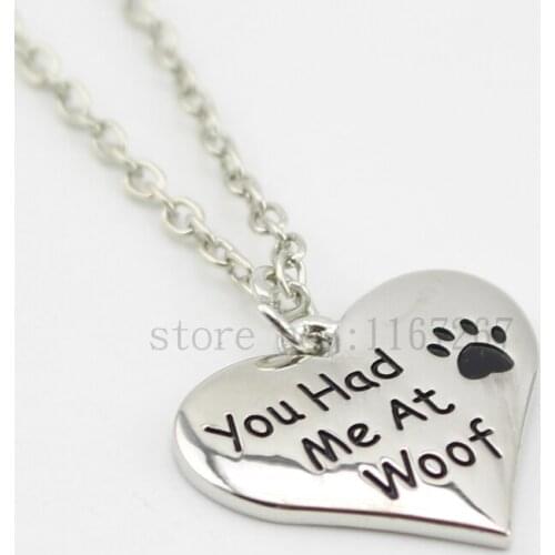 2015 New style "You had me at woof" Necklace Pet Lover Dog Paw Print Tag silver pendant necklace Wholesale Jewelry