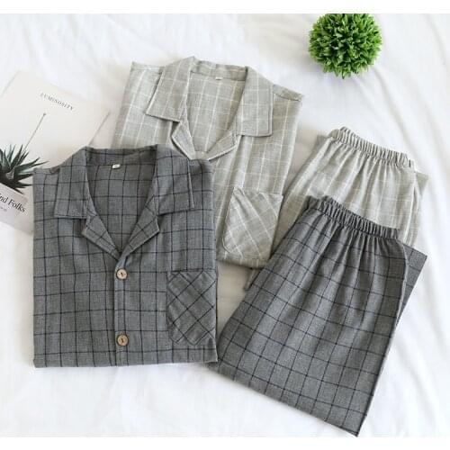 New Fashion Four Seasons Couples Long-sleeved Cotton Home Service Suits Mens Large Size Simple Grid Children Spring and Autumn