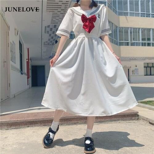 Harajuku Sailor Collar Navy Dress Japanese Lolita Sweet Bow-knot Girl Retro Cotton Kawaii Preppy Style Short Sleeve Dress Women