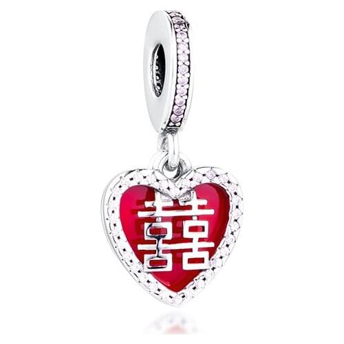 Fits for Pandora Charms Bracelets Double Happiness Heart Hanging Beads 100% 925 Sterling Silver Jewelry Free Shipping