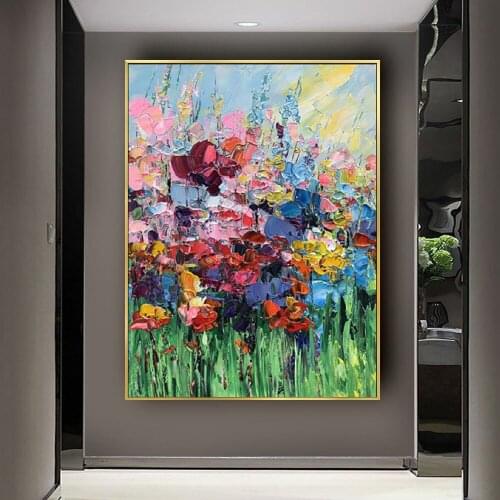 Hand painted purple flower painting oil painting handmade knife flower canvas painting modern artist home decor wall art picture