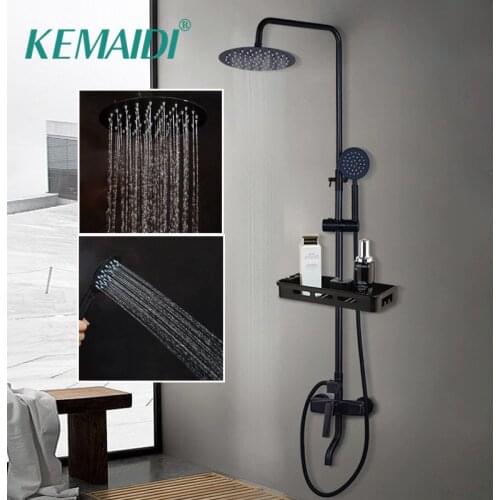 KEMAIDI Bathroom Shower Mixer Tap Black Rainfall Shower Faucets Set Single Lever Bathtub Shower Mixer Faucet with Storage Shelf