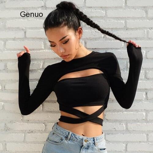 Cut Out Hole Bow Tie T-Shirts for Women Fashion Streetwear Cotton Autumn Tshirt Slim Sexy Hot Black Female T-Shirt