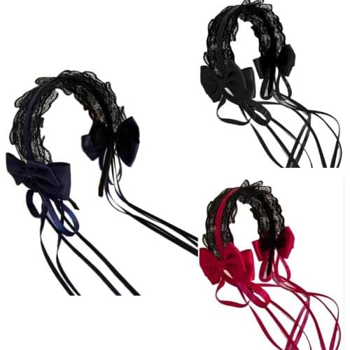 F3MD Girl Ruffles Lace Headband Long Tassel with Bowknot Hair Hoop Gorgeous Long Ribbon Sweet Anime Cosplay Accessories
