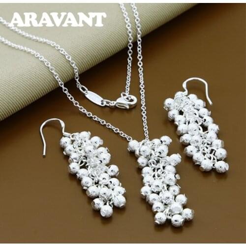 925 Silver Grapes Beads Pendants Necklace Earrings Women Jewelry Sets