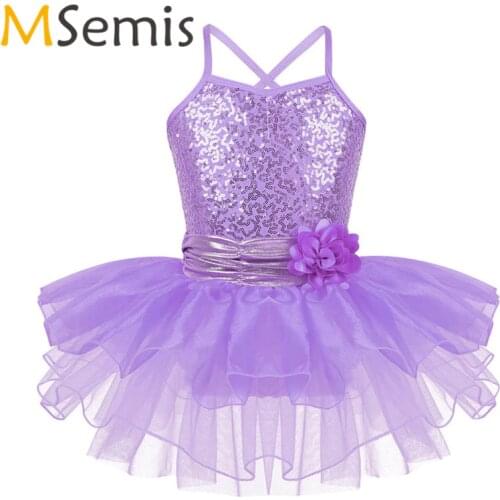 Kids Girls Ballet Tutu Dress swimsuit for Gymnastics Leotard Girls Dance Dress Spaghetti Shoulder Straps Sequins Flower Dress