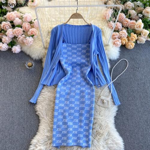 Elegant Womens Dress 2 Piece Set 2021 Spring Knitted Cardigan + Printed Sling Dress Two Piece Set Womens Sweaters Casual Suit