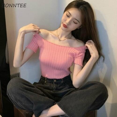 T-shirts Womens Summer Solid Knitting Slash Neck Backless Sexy Ladies Female Inboard Chic Fashion Slim Skinny Feminine 2020 New