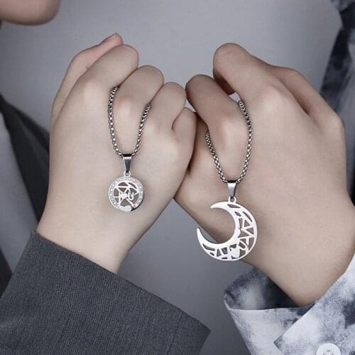 Creative Sun and Moon Couple Necklace Hollow Titanium Steel Belt Crystal Pendant I Love You Necklaces Men and Women Jewelry Gift