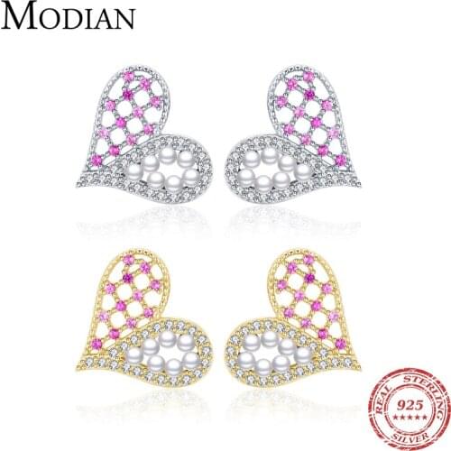 Modian 2021 New 925 Sterling Silver Luxury Romantic Hearts Pearl Zirocn Stud Earrings For Women Wedding Engagement Brand Jewelry