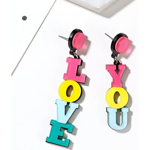 YAOLOGE Fashion Hip Hop Exaggerated Night Club Dancer Acrylic English Letter Love You Long Asymmetric Drop Earrings Women Punk