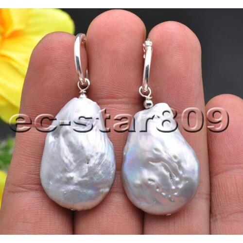 P5975 25mm Baroque Coin Gray Freshwater Pearl Dangle Earring Women Fine Jewelry