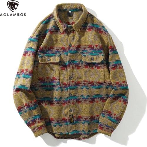 Aolamegs Shirts Men Retro Striped Print Male Shirts Oversize Full Sleeve Pockets Casual Shirt Fashion Hip Hop Autumn Streetwear