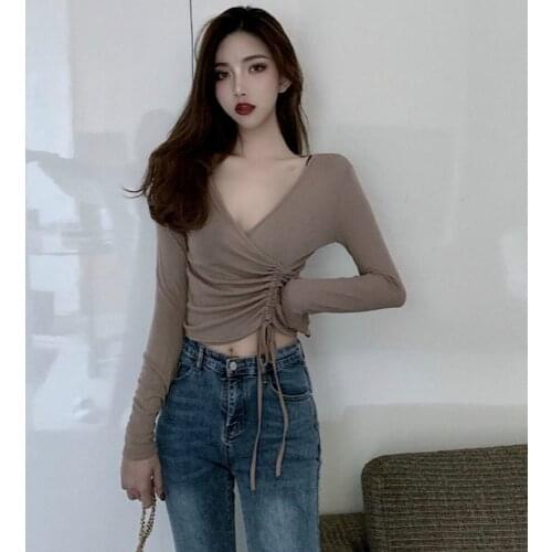 2021 Spring New Korean Version Of V-neck Drawstring Long-sleeve T-shirt All-match Slim Slimming Short Bottoming Shirt Women Top