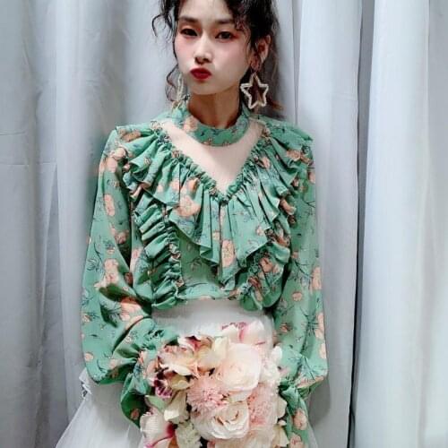 Perspective Elegant Tops Female Casual Flare Long Sleeve Ruffle Shirt Blouse Women Korean Floral Print Fashion Clothes 2021 New