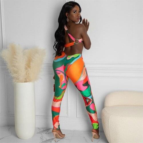 FiiShiMi Power Summer Clothing Print One shoulder Hollow Out V-neck Jumpsuit Party Clubwear Backless Sexy Women Jumpsuits