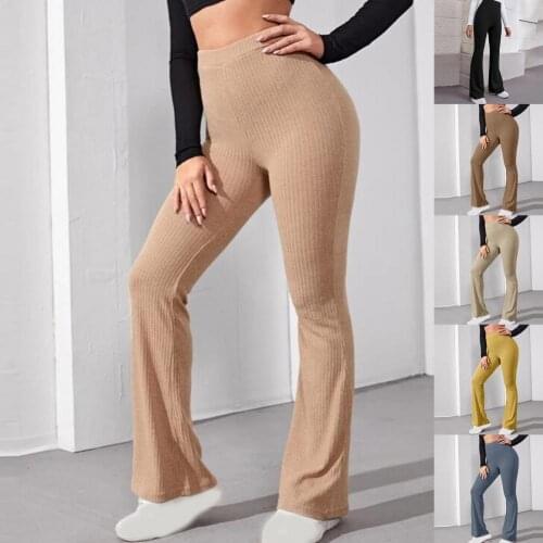 2021 Women Pants Thin Solid Color Knitted Falling Feeling Pants Knitted Summer High Waist Full Length Flared Trousers for Sports