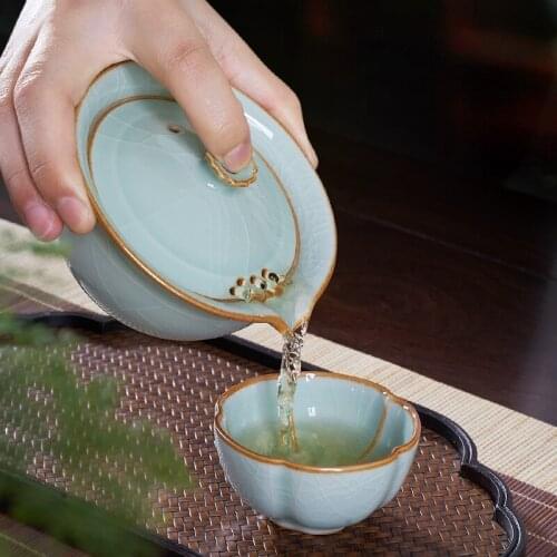 Celadon Gracked Glaze Tureen Teaware Set Ge Kiln Handmade Complete Set Kung Fu Tea Set Creative Filter Hole Tureen