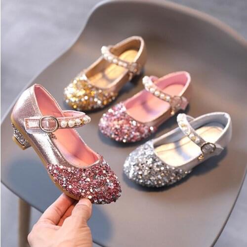 Girls Ballet leather shoes High heels Dance Party Girls Shoes Glitter Children Shoes Gold Bling Princess pearl Kids sandals Larg