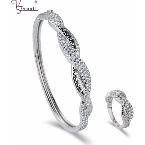 Dubai White Gold Bangles &Rings Copper Latest Style Jewelry Sets For Woman White AA Zircon With White Color Bracelet&Ring