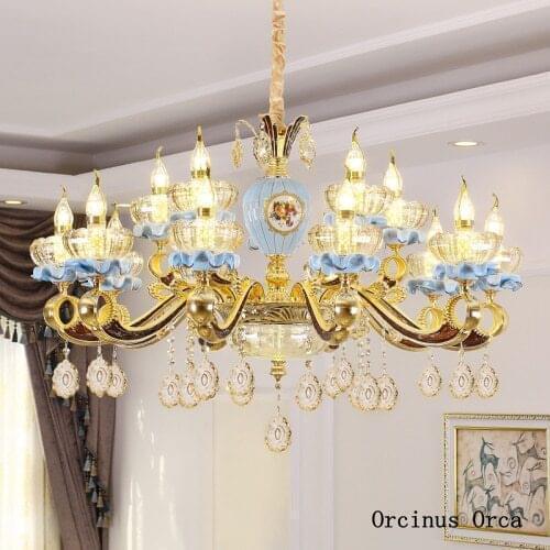 European Romantic Blue Crystal Chandelier Living Room Dining Room Mediterranean Luxury LED Painted Crystal Chandelier
