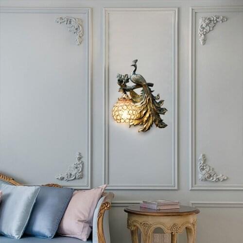 European Luxury Wall Lamp Bohemia Style Peacock Led Lusters Crystal Lampshade Wall Light Wall Sconce Lamp