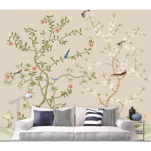 Customized large wallpaper 3d hand-painted meticulous flower and bird TV background wall living room bedroom abstract leaf mural