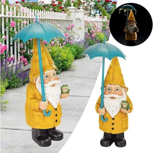 Dwarf Statue Realistic Solar Powered Resin Simulation Miniature Grandpa Umbrella Sculpture Decoration for Outdoor