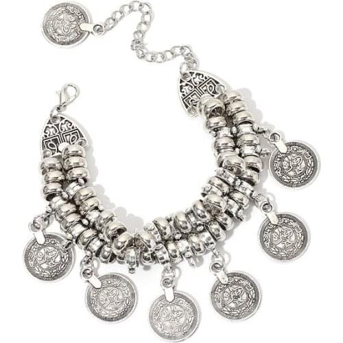 UODCM Fashion Bangle Bohemian Vintage Turkish Silver Plated Antalya Bracelet Gypsy Beach Chic Festival Silver Coin Bracelet