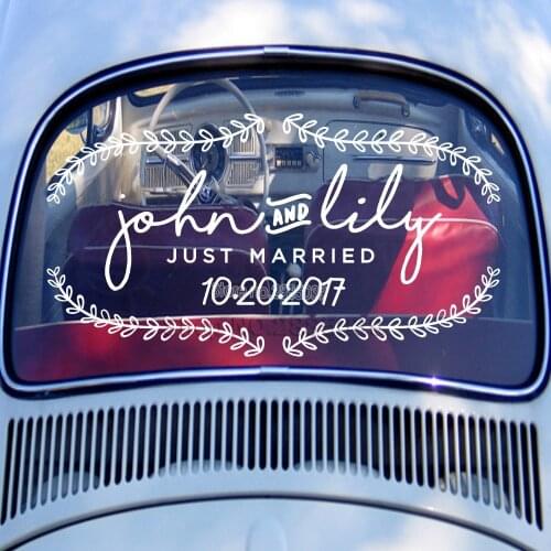 Just Married Car Sign Floral Custom Name Vinyl Decal Personalised Wedding Car Creative Decor Stickers Mirror Window Decals LC778