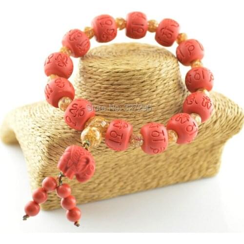 2015 New Arrival Red Cinnabar Six Mantra Sculpture Word Stretch Mala Prayer Bracelets For Fashion Women Men Meditation Jewelry